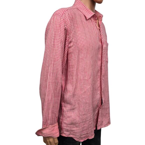 BUGATCHI Uomo Linen Shirt Men L Gingham Check Contrast Flip Cuffs Long Sleeve - Picture 6 of 12